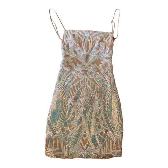 Lucy in the Sky Starstruck Strappy Dress in Nude Iridescence. Size XS. - Picture 4 of 12